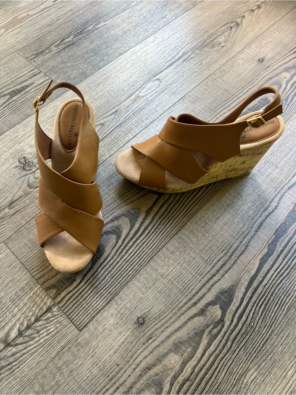 Montego Bay Club Brown Leather Crossover Cork Wedges